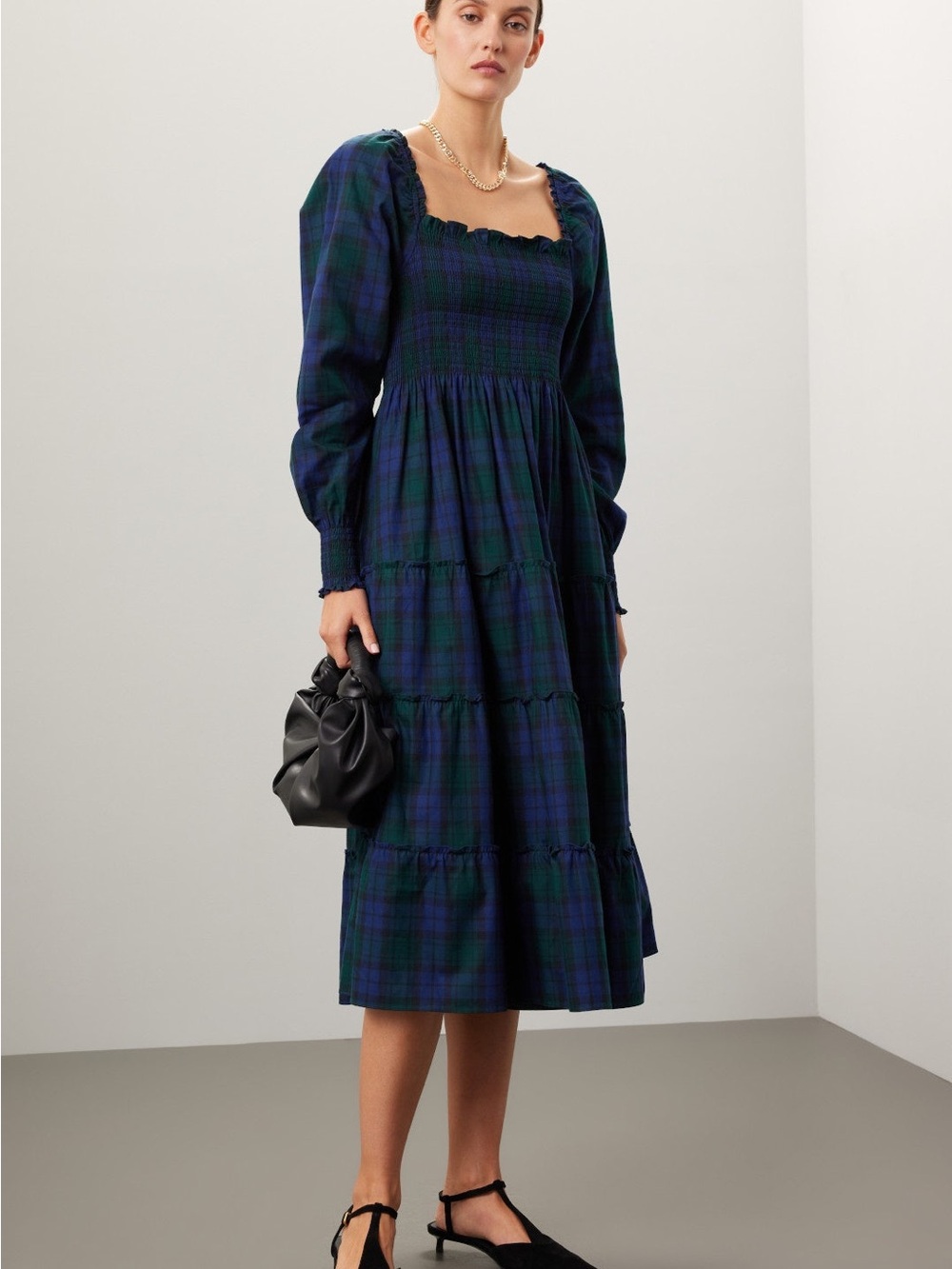 Hill House Navy and Green Plaid Smocked Midi Dress